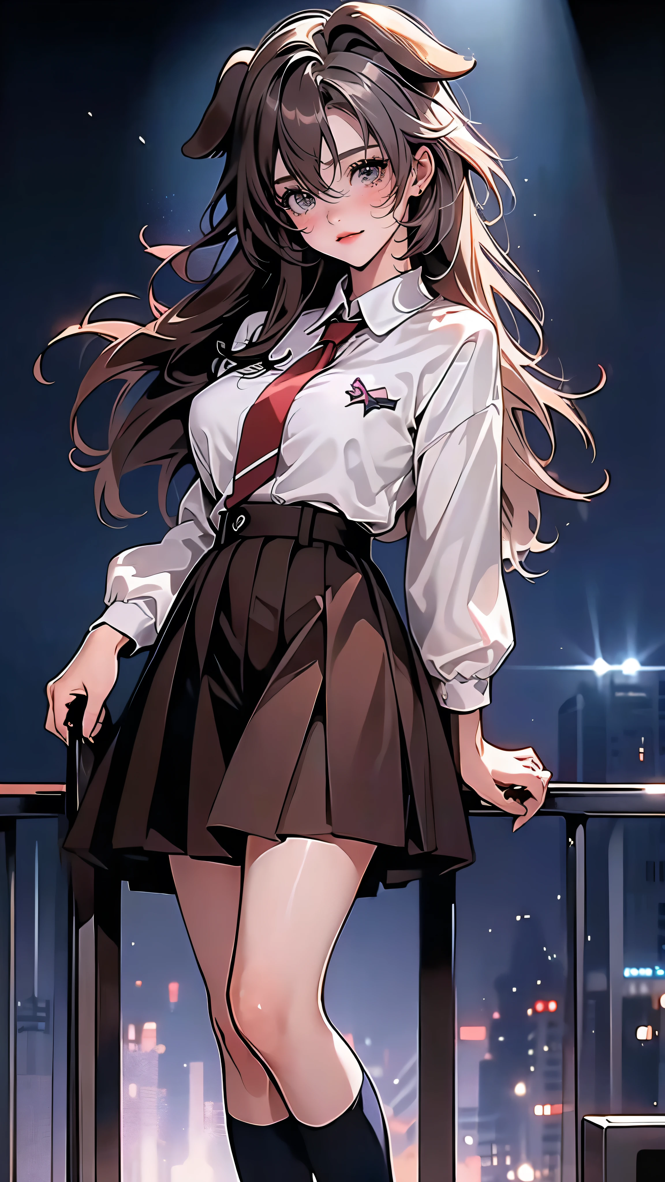 ((Masterpiece)), envision a 8k, highres, cinematic, beautiful full body pinup of a princesss lady with a slender muscular body, (((really large breasts))), angel face, soft lips, long eyelashes, strong face, strong mature older face, facing the viewer, head tilt, smile, pursed lips, blushing, (((extremely long brown hair))), multicolored hair, blonde hair, side locks, long bangs, blue eyes, ((freckles)), animal ears, dog ears, animal tail, dog tail, school girl uniform, JK uniform, red ribbon, Japanese school girl, skirt, thigh high socks, dress shoes, ((((1girl)))), in dark lighting, against a dark gray background