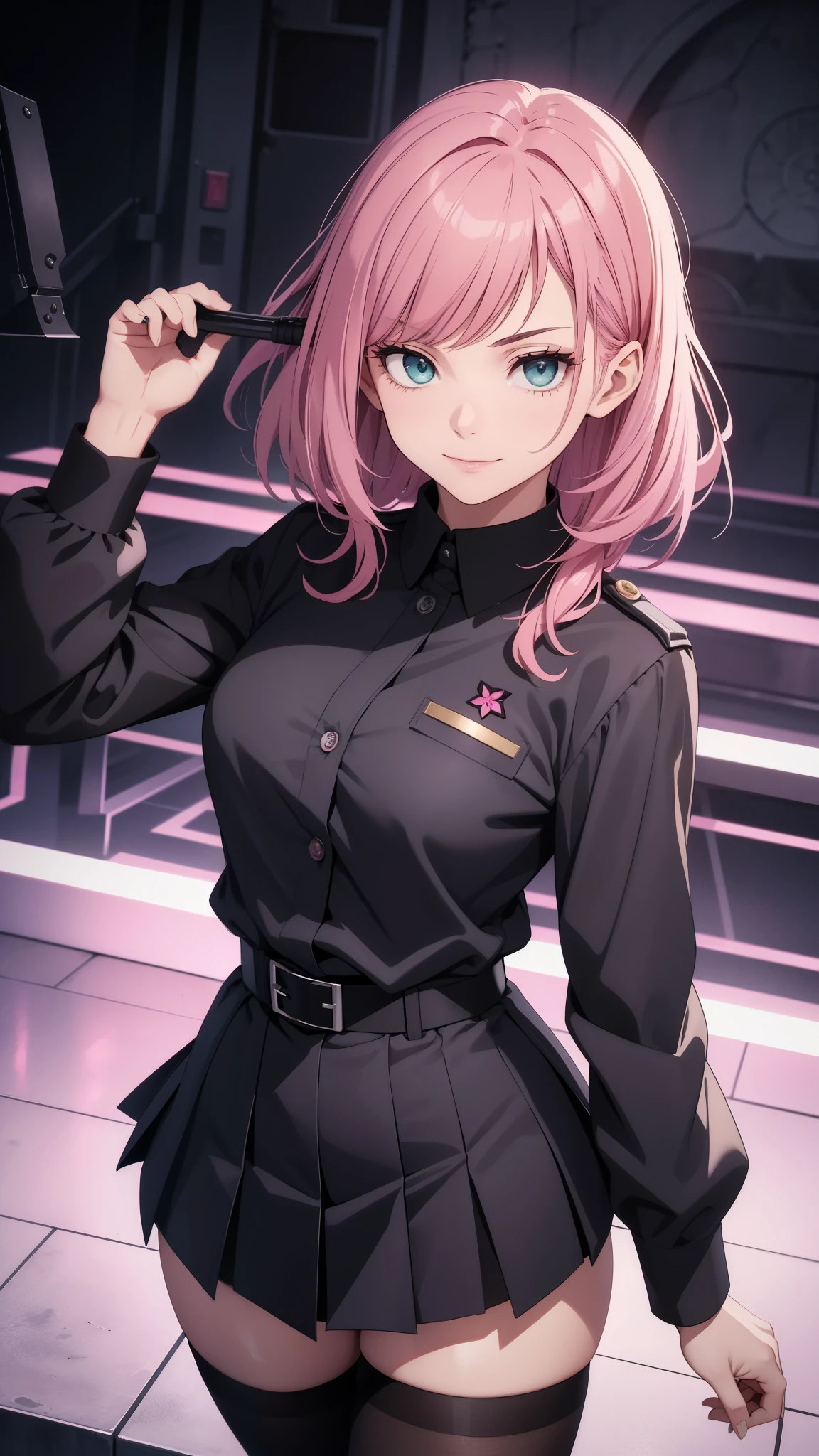 (high-quality, breathtaking),(expressive eyes, perfect face) 1girl, female, solo, ager, pink hair, emerald green eye color, medium hair length, looking at viewer, half body, bright smile, kind face, cheerful expression, dark black blue long sleeved shirt, collared shirt, ((dark black blue Skirt)), black thigh high socks, absolute territory jujutsu kaisen uniform, jujutsu high school uniform, flowy hair, feminine face, medium curly hair, grey background, portrait, stylized hairstyle, Anya forger inspiration, (realisitic), full bodyesbian , (1girl in) , (solo)) , (Frame your head) , 18year old, is standing , middle hair , A pink-haired, Smile , (Military Gothic) , (military weaponry) , short knife , natural make up , masterpiece, Beautiful face, Beautuful Women, beautidful eyes, a very cute, Princess eyes, 8k , stage , Luminescence, Human hand, elegant, Dynamic, ighly detailed, Smooth and detailed hairstyle