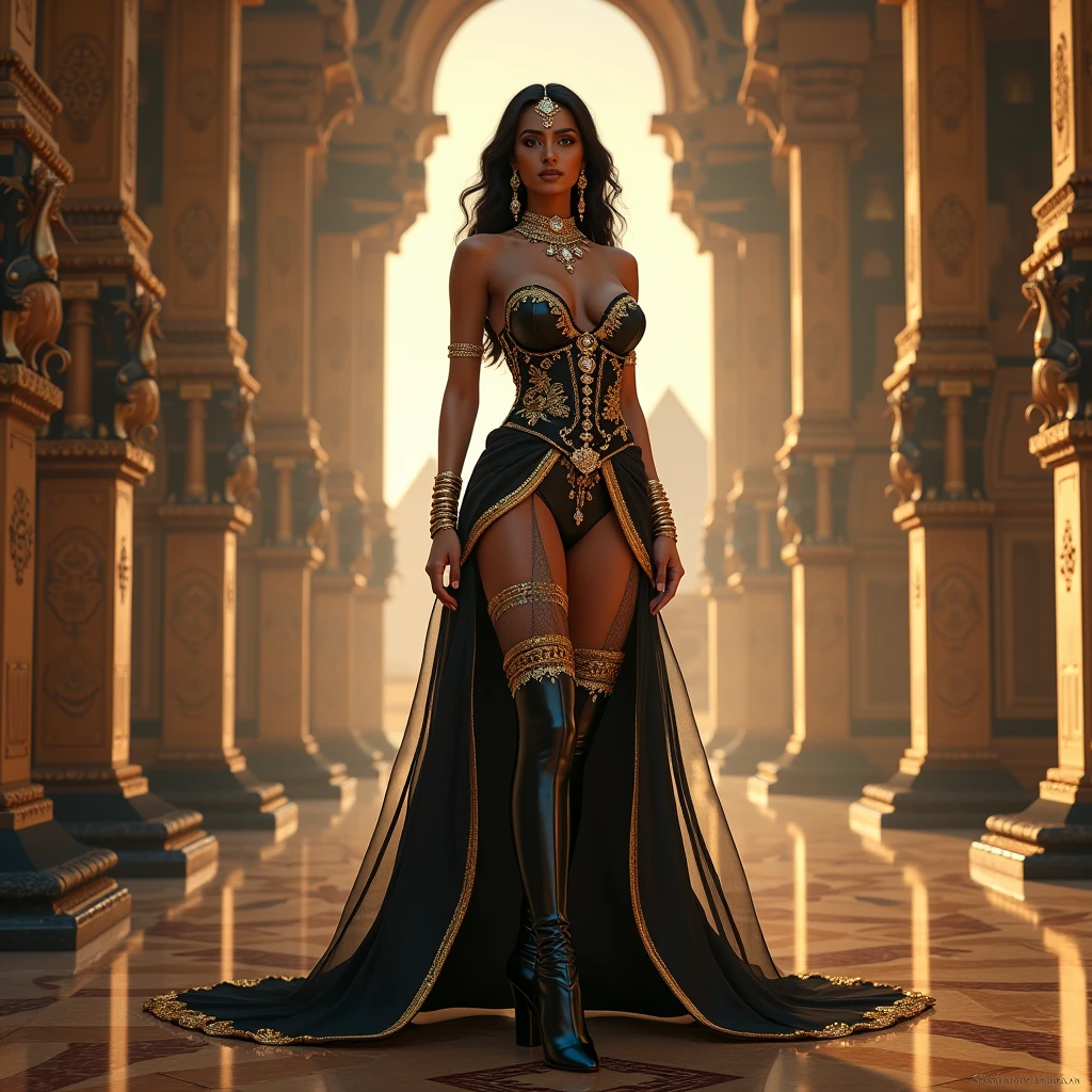 (masterpiece, best quality:1.5), highest quality, High resolution, super detailed, Realists, Upper body photo of a black sorceress, dark skin, detailed and beautiful eyes, beautiful detailed lips, very detailed eyes and face, longeyelashes, shiny satin dress, Holds a magic wand in his hand and performs a transformation spell (Magic wand present and glowing) Beautiful and colorful makeup, elegant and noble々The jewelry bag, Gardens as background, soft daylight, bright colors, fine brushstrokes, Portrait style, Silk dress fabric, beautiful color palette, glowing skin, First-class rendering, that captures every detail, enchanting atmosphere, subtle shadows and lights, (perfect anatomy:1.2), (The stunning sorceress transforms a dress) (a transformation):1.4), (magnificent panorama view:1.2)