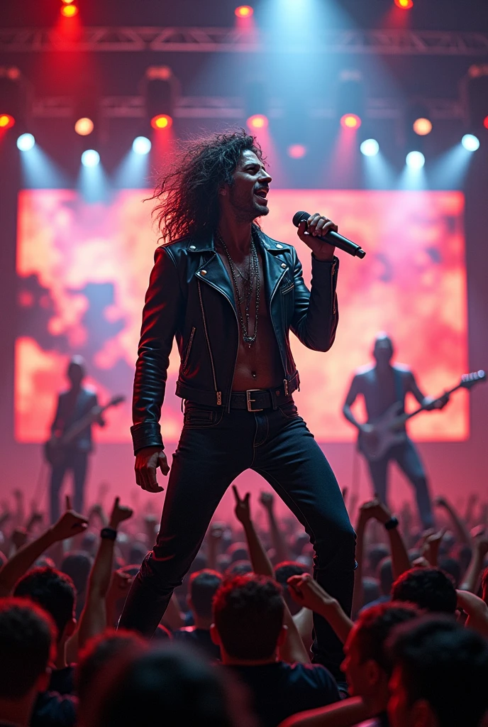 A black man with dreadlocks singing rock, with wings at a crowded show 