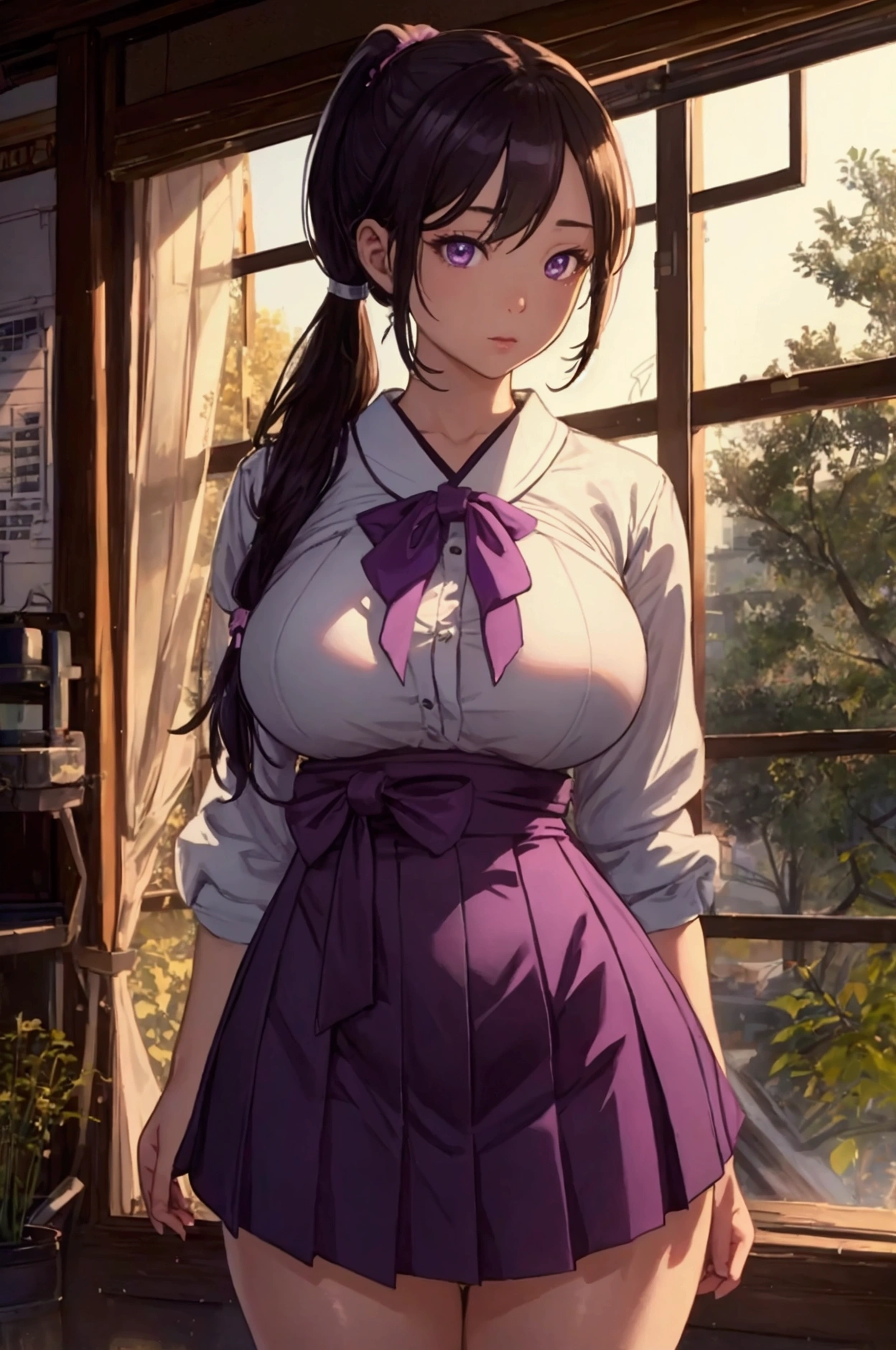 an anime character with black hair and purple outfit with visor on head, 1girl, solo, breasts, hat, blonde hair, braid, pantyhose, cleavage, purple eyes, skirt, black headwear, looking at viewer, white shirt, large breasts, hood, long hair, collarbone, blush, twin braids, shirt, baseball cap, black pantyhose, jacket