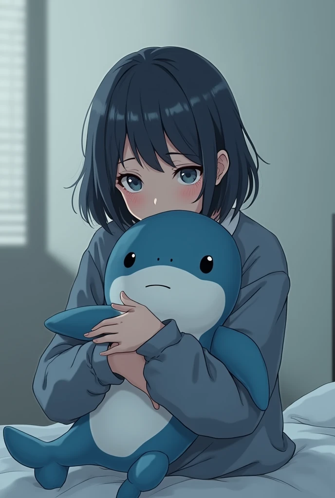 Femboy anime with sad face holding a shark plush toy
