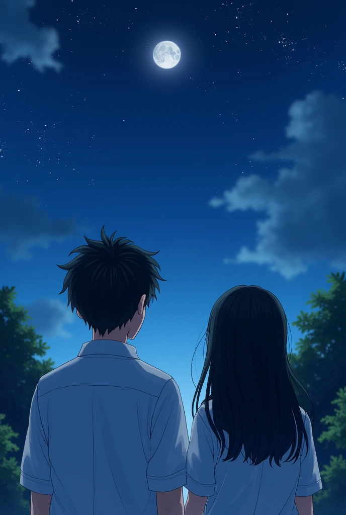 Couple, There are only two people, A beautiful woman with long hair wearing a white shirt, cute anime-style face, realistic anime girl, Chisato, black hair with bangs, Kurumi, cute and delicate face, young cute pale Asian face, Sakimichan, midday moon and stars in the sky, Realistic anime boy, A handsome boy in a white shirt, girl sitting in boy&#39;s arms, Smiling at the camera Look at each other