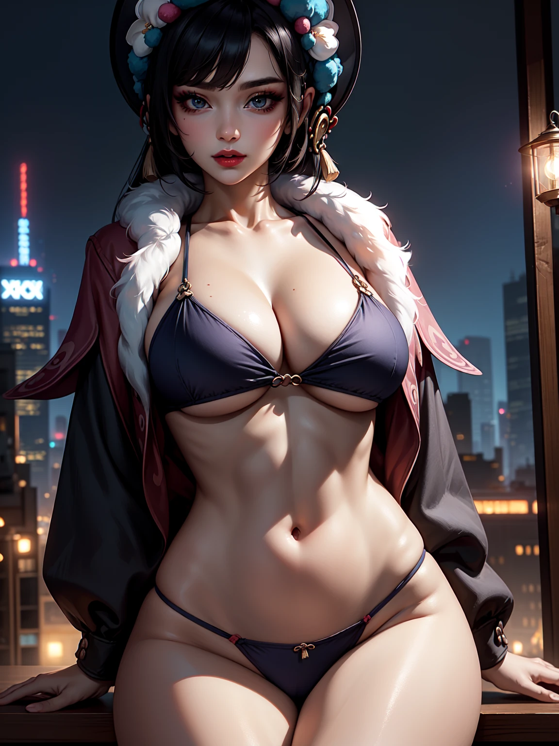 ((masterpiece)),(bestquality),((ultra-detailed)), ((beautiful detailed sky)), ((cinematic lighting)), depth of field, (dynamic angle),detailed lighting,(beautiful detailed eyes), ((night city view)),red lip, eyeshadow,large breast, ((sexy)), cleavage, navel, yunjindef, yunjinrnd