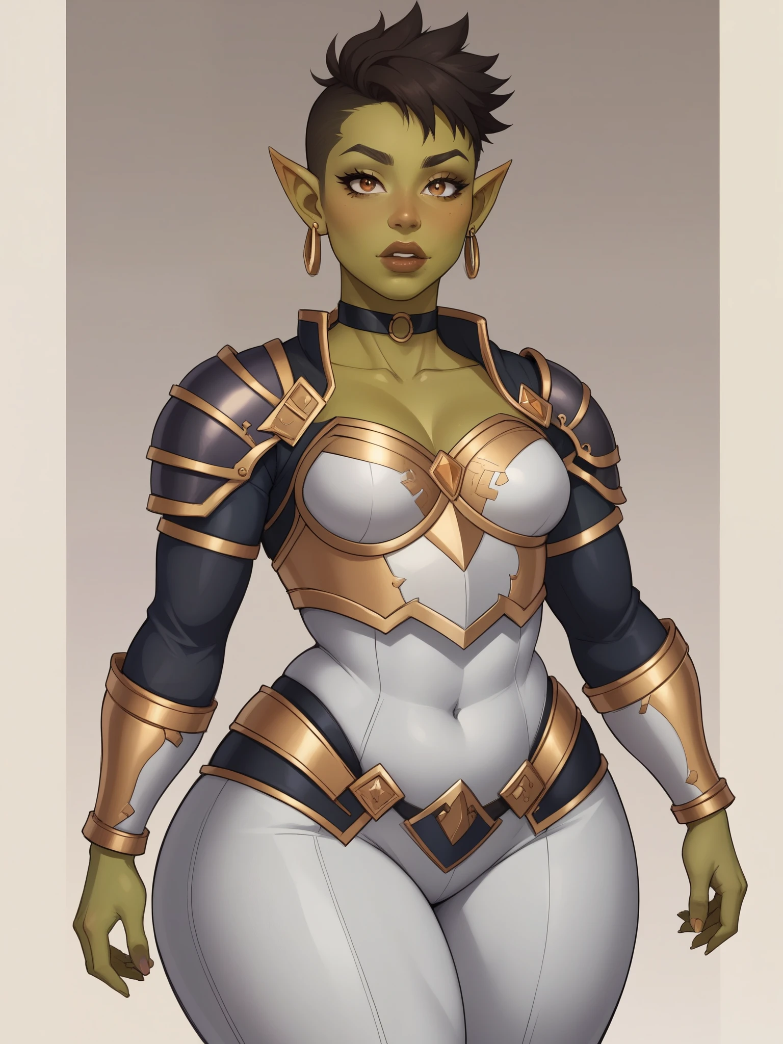 Orc Girl. random eye color. dark green skin. very short hairstyle. choker. random lips color. earrings. gold bracelets. small breasts. huge hips. bbw. castle rock. armor suit
