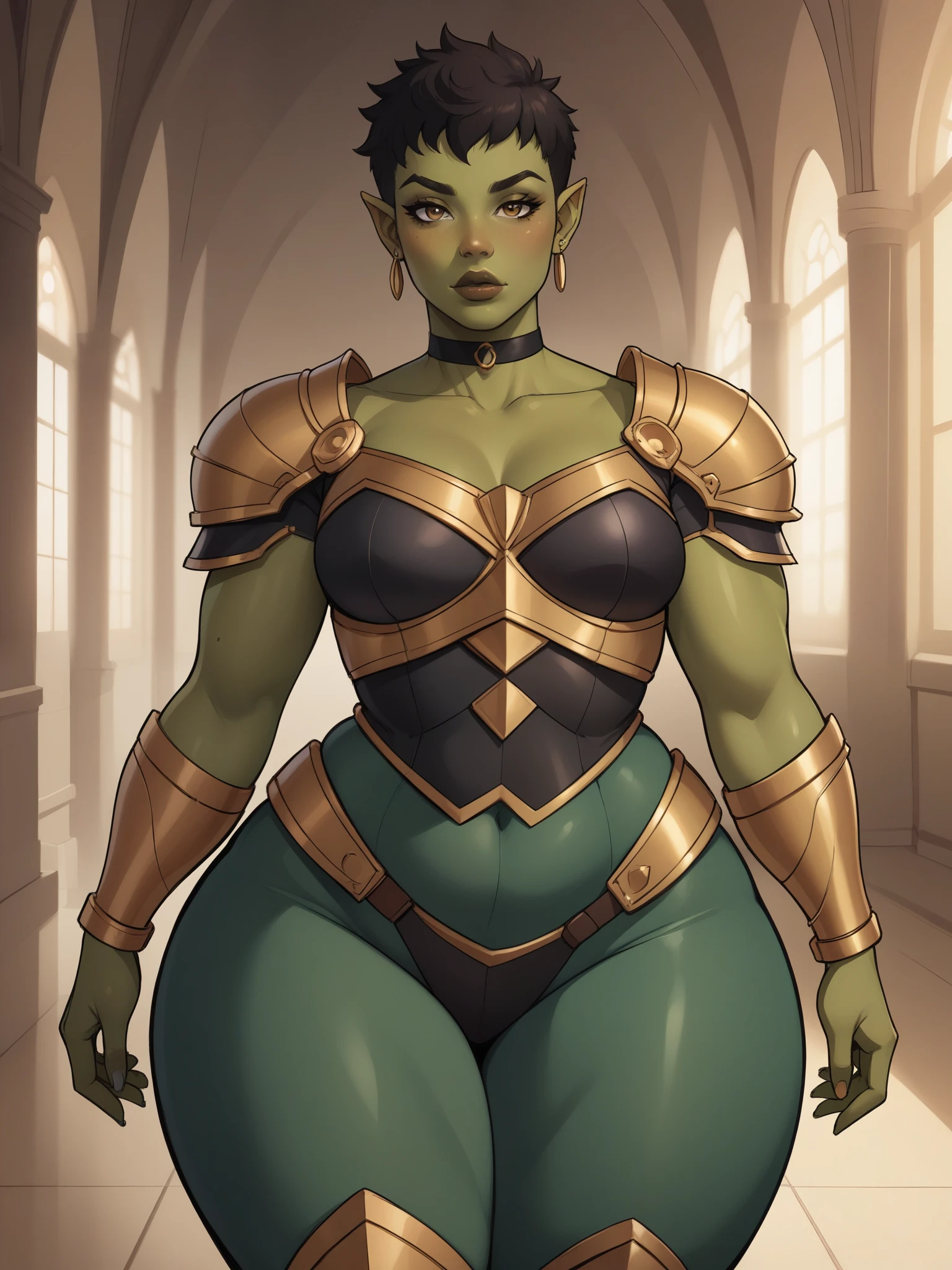 Orc Girl. random eye color. dark green skin. very short hairstyle. choker. random lips color. earrings. gold bracelets. small breasts. huge hips. bbw. castle rock. armor suit
