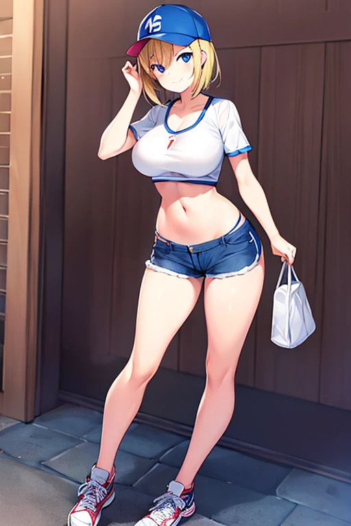 Girl, blue hair, blue eyes, short hair, flowers earrings, freckles, big boobs ,white t shirt, mini shorts, white high heels