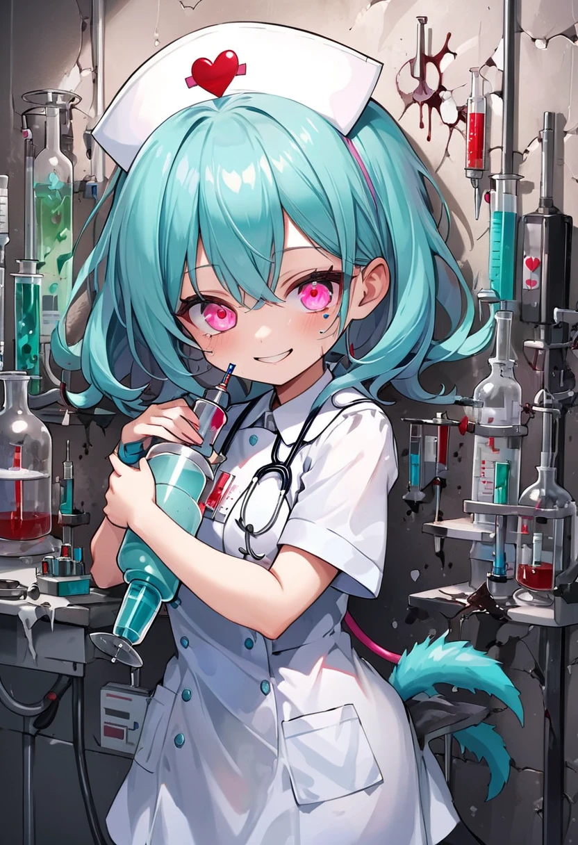 UHD, masterpiece, anatomically correct, super detail, high details, best quality, 8k,perfect beauty 1girl, oily skin, random Breast size、random hair style、random hair color,nurse uniform,nurse uniform,nurse cap, crazy eyes, mismatched pupils, smile, anime style, retina,hug a large syringe, heart,,,,,,,one small cute monster, madness cute, strange shape, her lovingly embraces monster,,,,,,(desolate laboratory, terrifying, full of madness,Broken syringes, lab equipment and rotten liquid on the wall)