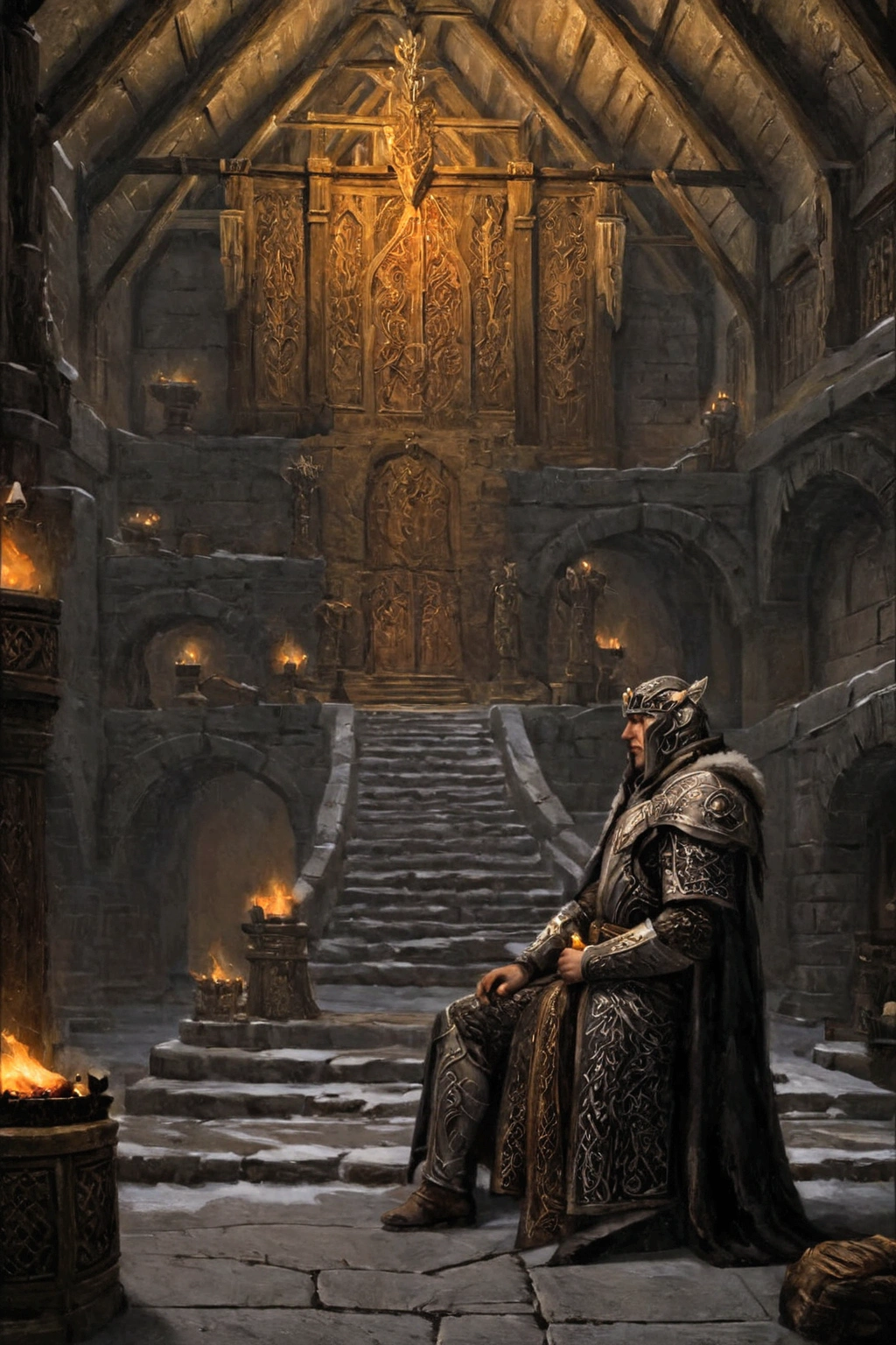 The throne room is grand and imposing, much like Dragonsreach in Whiterun, with towering wooden beams and stone pillars supporting a vaulted ceiling. Majestic thrones of intricately carved wood dominate the center, flanked by flickering torches casting long shadows that dance across the stone floor. The Queen and King sit with regal poise on their thrones, both clad in a striking fusion of royal robes and Nordic armor. Their attire, a blend of rich furs, dark leather, and engraved steel, speaks to their dual roles as sovereigns and warriors, mirroring the harshness of Skyrim's frozen lands. The Queen, with a fur-lined cloak draped over her shoulders, holds a sword across her lap, her gaze sharp and calculating. The King, armored and stoic, leans slightly forward, his eyes distant as if contemplating the weight of his rule. The room glows in a palette of amber, bronze, and deep shadows, heightening the dramatic atmosphere of power and tradition. This is a hall of strength, where leaders, Surrealism, Hyperrealism, UHD, retina, masterpiece, accurate, anatomically correct, textured skin, super detail, best quality, 16k