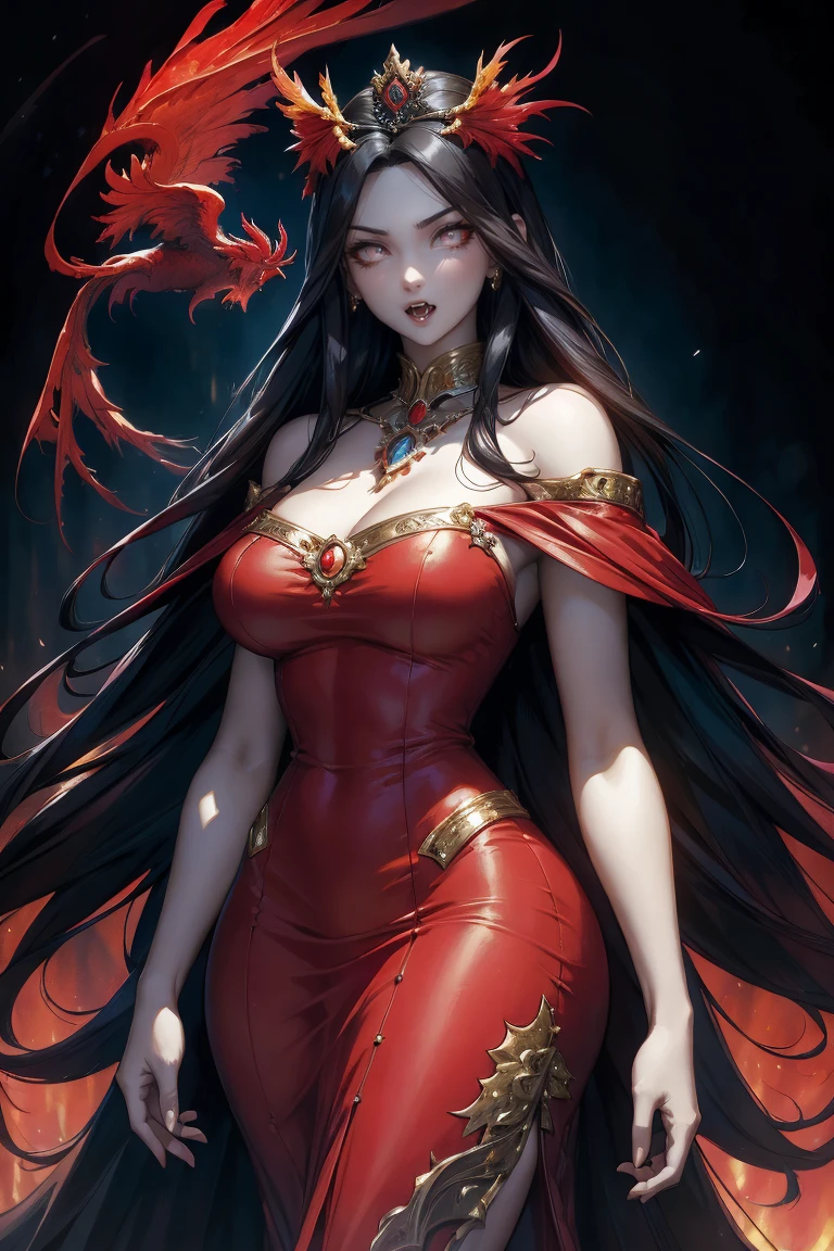 （best quality,masterpiece,Ultra-high resolution,photoactual:4：0),In the ruined castle,beauty,Elegant temperament,an oriental woman,25 years old,8k,Long flowing red hair,Devil's Horn,Big breasts,cleavage,,Wearing red lolita style,Magic Effects,steel sword,Black light on the sword,,Sword Runes