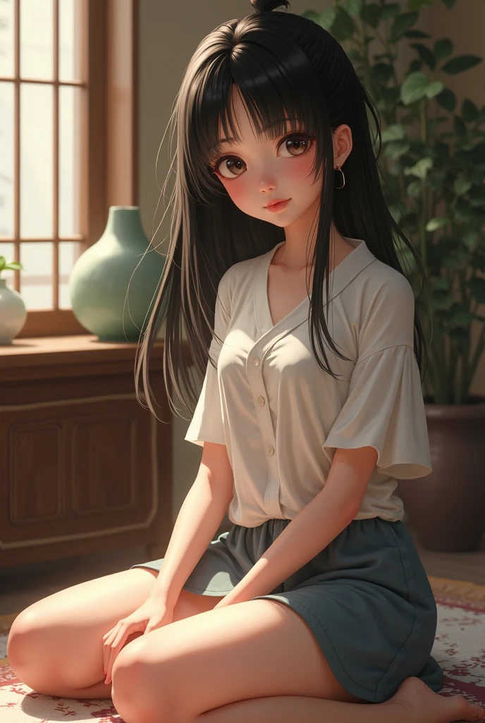  beautiful Chinese girl, cute face with pony tails, full body shot, sitting with legs open wild, , bear pussy, indoors, soft lighting, window with sunlight, cozy room, realistic, intricate details, warm colors