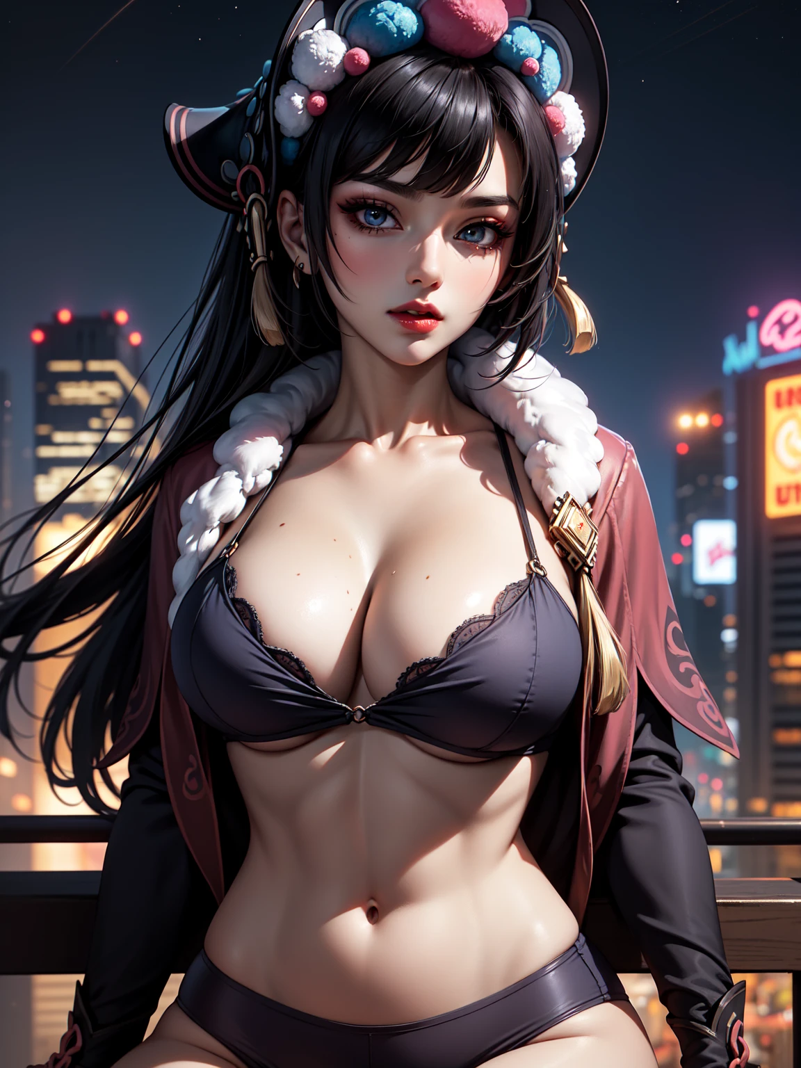 ((masterpiece)),(bestquality),((ultra-detailed)), ((beautiful detailed sky)), ((cinematic lighting)), depth of field, (dynamic angle),detailed lighting,(beautiful detailed eyes), ((night city view)),red lip, eyeshadow,large breast, ((sexy)), cleavage, navel, yunjindef, yunjinrnd