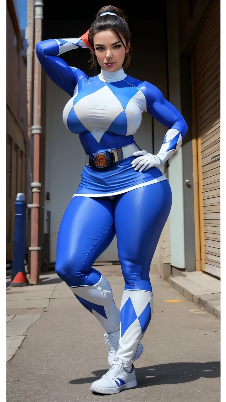 1female; Powergirl [from DC Comics] tall human female, short blonde hair, ( long-sleeve leotard, colored silver, with cleavage window), accessories belt locked, tickle belt [from Spongebob Squarepants] blue gloves and thigh-high boots, curvaceous figure, voluptuous; on bar, stand, [back view], 2d anime art style, Perfect World- Bloodsuga model, high quality, (chubby)