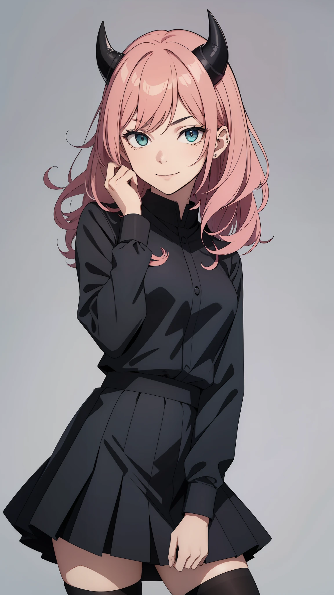 (high-quality, breathtaking),(expressive eyes, perfect face) 1girl, female, solo, ager, pink hair, emerald green eye color, medium hair length, looking at viewer, half body, bright smile, kind face, cheerful expression, dark black blue long sleeved shirt, collared shirt, ((dark black blue Skirt)), black thigh high socks, absolute territory jujutsu kaisen uniform, jujutsu high school uniform, flowy hair, feminine face, medium curly hair, grey background, portrait, stylized hairstyle, Anya forger inspiration, two small black horns