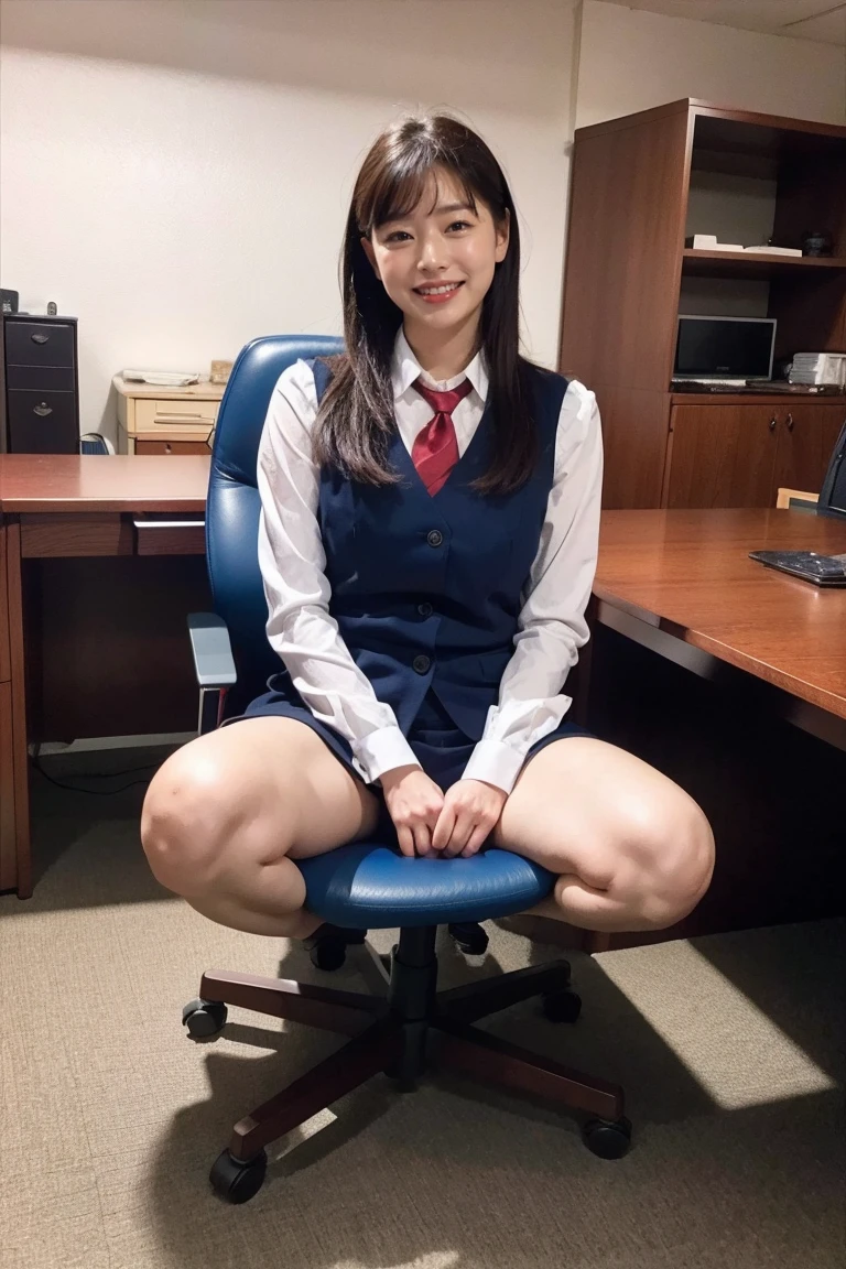 Best Quality, masterpiece, Realistic, High resolution., 8k　RAW Photos,Alone, One girl, Age 30、sitting in an office chair、smile、Spread your legs wide、business suit、High heels