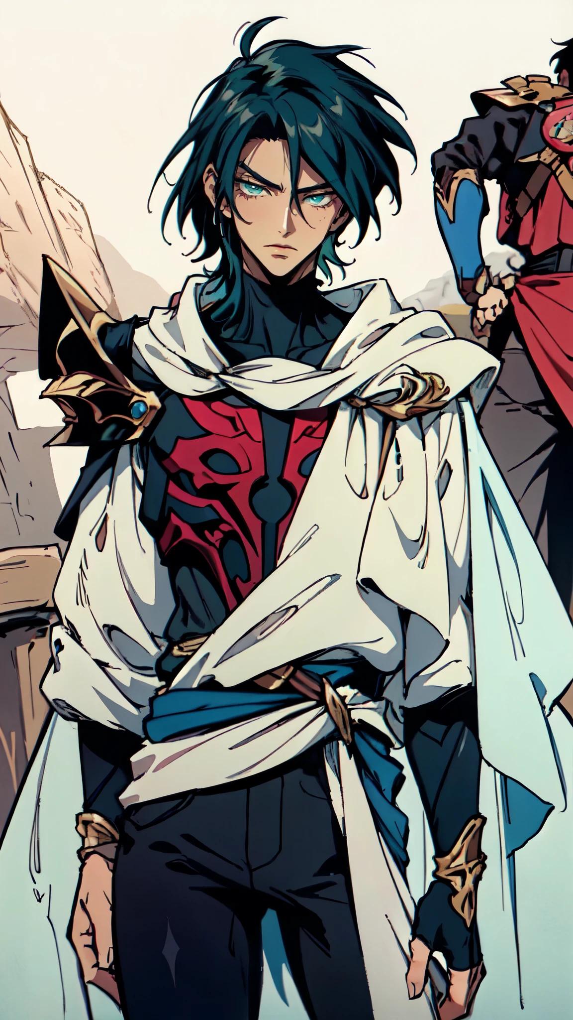 (masterpiece:1.2, best quality:1.2, extremely delicate:1.2), ((male:1.5)), a young man with slicked-back dark green short hair, side-parted bangs covering one eye, a deep gaze, round face bears three striped tattoos, melancholic expression, a tall and sturdy build, a fantasy-realism style adventurer outfit, primarily Blue with White and Red accents, a half-length shoulder cape, leather chest armor, gloves, a multifunctional belt, his left hand clenched into a raised fist, a denim pants, set against the backdrop of an endless unknown world, this character embodies a finely crafted fantasy-realism style adventurer in anime style, exquisite and mature manga art style, dramatic, high definition, highres, ultra-detailed, ultra-fine painting, professional, perfect body proportions, golden ratio, anatomically correct, symmetrical face, extremely detailed eyes and face, high quality eyes, creativity, RAW photo, UHD, 32k, Natural light, cinematic lighting, (masterpiece-anatomy-perfect:1.2)