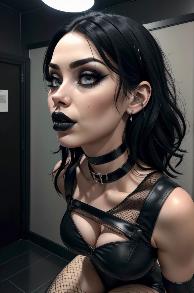 a girl with pale skin, black hair, dark eyeshadow, black lipstick, a black choker, a black dress, fishnets, tall platform boots, blank expression, drooling, blank stare, mind-controlled, brainwashed, hypnotized, (best quality, 4k, 8k, highres, masterpiece:1.2), ultra-detailed, (realistic, photorealistic, photo-realistic:1.37), dark, moody, gothic, surreal, cinematic lighting (confused look)