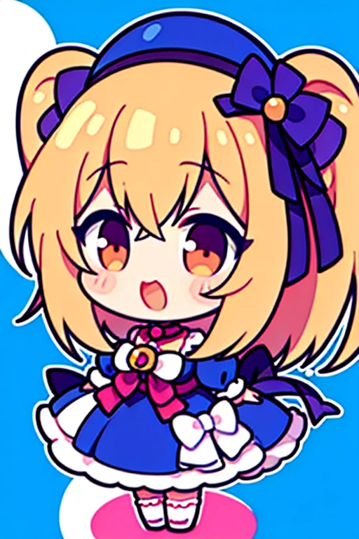 ((Highest quality)), ((masterpiece)), (detailed), Perfect Face, Perfect Arms, anime, Ultra-fine illustration, ((1 person)), ((Magical girl)), Close your eyes, smile, Open your mouth, (Showing teeth:1.2), Medium Hair, Blonde twin tails, Bangs, Focus on the face, ((Cute Background))