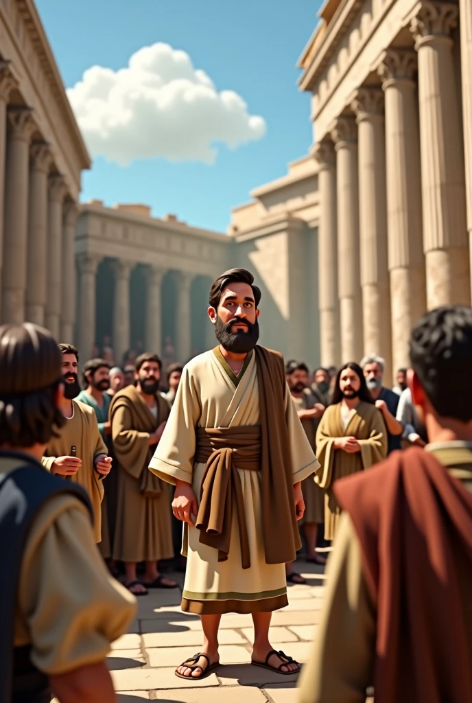 Hebrew man, apostle Paul, preaching the gospel in the middle of a square, biblical style