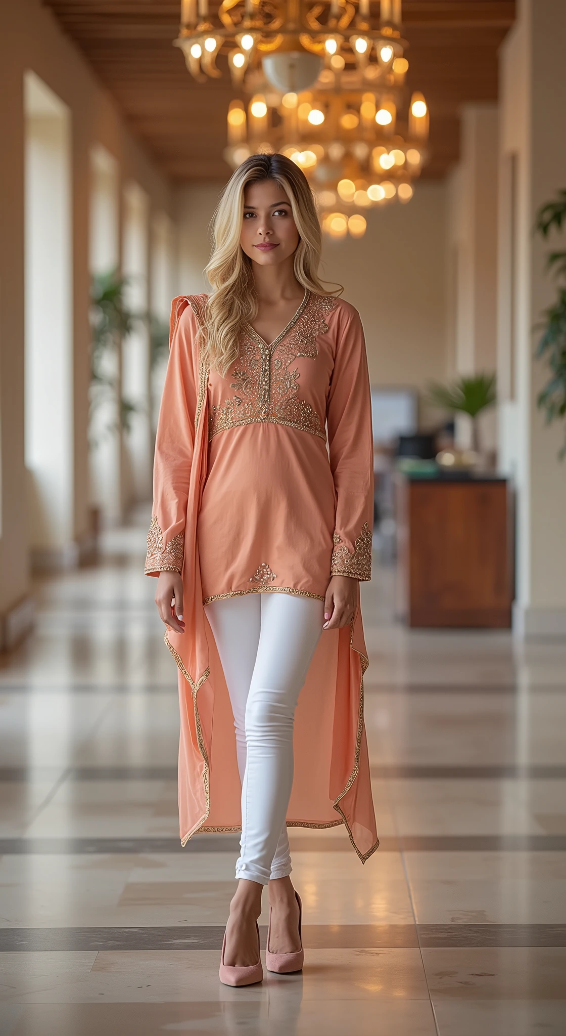 ((photo of 20 year old beautiful girl, beautiful and charming girl)), ,
(Girl in office, realistic and beautiful office room),
((((Full body shot:1.5)))), (full body in picture:1.5), (full body photo Close-up photo of the shine), (Indian babe), (attention standing posture, separate legs), (looking at viewers, front view shot, from_fronts),
best quality, movie studio lighting, illustration at Very detailed, ultra high resolution, depth of field, caustic, natural shading, masterpiece, hyper realistic, hyper detailed, photorealists, 8K, HDR, High resolution, (1girl), (Blurry background), (Bokeh), RAW photo, complicated details, extremely detailed, candid picture, candid shots, extreme detailed, highest detailed, (iconic picture shot, perfect brightness, perfect contrast),
(hair is one eye, purple eyes, Golden blonde hair, side bangs, sharp eyeliner, blush eyeshadow with thick eyelashes, lip gloss very delicate and beautiful, round chin, round earrings, sharp eyes, letter choker, symmetrical eyes), ,
(pretty face, iconic face, Young beauty spirit, Best face ever in the world), (detailed face, detailed eye, detailed lips, ultra realistic face, ultra realistic eye, ultra realistic lips), (attractive hair style, detailed hair style), (Perfect breasts, perfect symmetrical breasts, attractive breasts, perfect rounded breasts), (attractive body figure, perfect body figure, perfect curvy_figure, straight body figure, wide body posture, skin_tight),
(beautiful High heels),
(beautiful girl in Indian outfits), ,
((embroidery fancy kurta), (embroidery kurta), bodycon kurta and down flared, embroidery luxury kurta, (fancy leggings, attractive leggings), attractive lace, skinny sleeves, lace up),