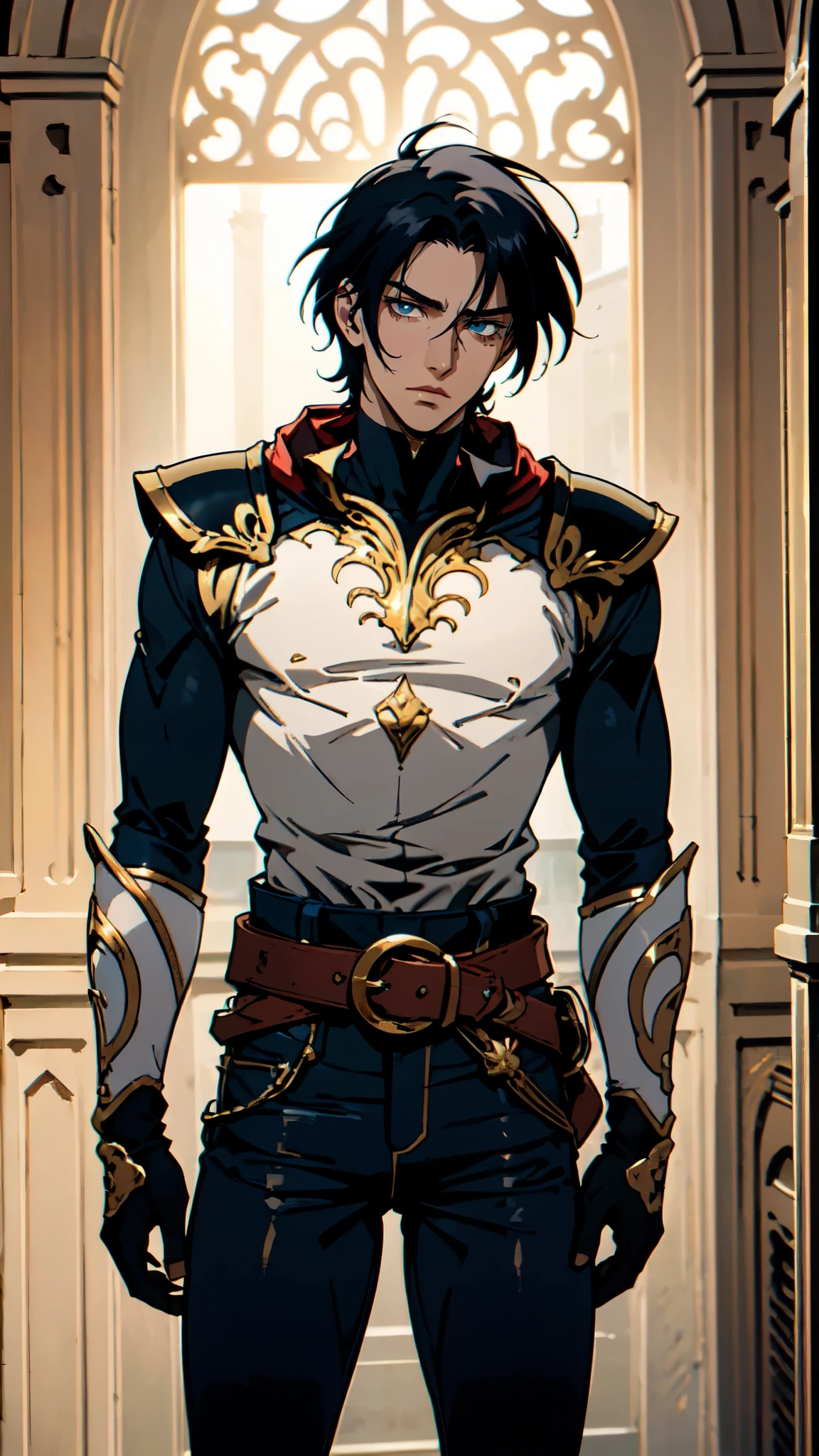 (masterpiece:1.2, best quality:1.2, extremely delicate:1.2), ((male:1.5)), a young man with slicked-back dark green short hair, side-parted bangs covering one eye, a deep gaze, round face bears three striped tattoos, melancholic expression, a tall and sturdy build, a fantasy-realism style adventurer outfit, primarily Blue with White and Red accents, a half-length shoulder cape, leather chest armor, gloves, a multifunctional belt, his left hand clenched into a raised fist, a denim pants, set against the backdrop of an endless unknown world, this character embodies a finely crafted fantasy-realism style adventurer in anime style, exquisite and mature manga art style, dramatic, high definition, highres, ultra-detailed, ultra-fine painting, professional, perfect body proportions, golden ratio, anatomically correct, symmetrical face, extremely detailed eyes and face, high quality eyes, creativity, RAW photo, UHD, 32k, Natural light, cinematic lighting, (masterpiece-anatomy-perfect:1.2)
