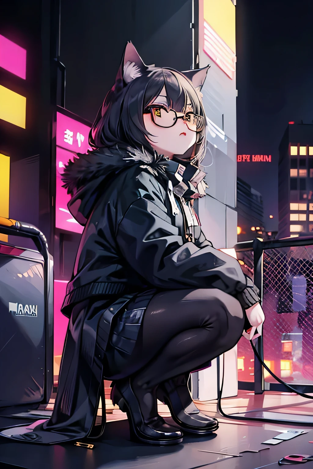 One cat　animal　Plump　Golden Eyes　Wears black-rimmed glasses　A defiant look　Full body view　Leaning against the wall　Grey and black fur　Golden Eyes　The background is a cyberpunk cityscape