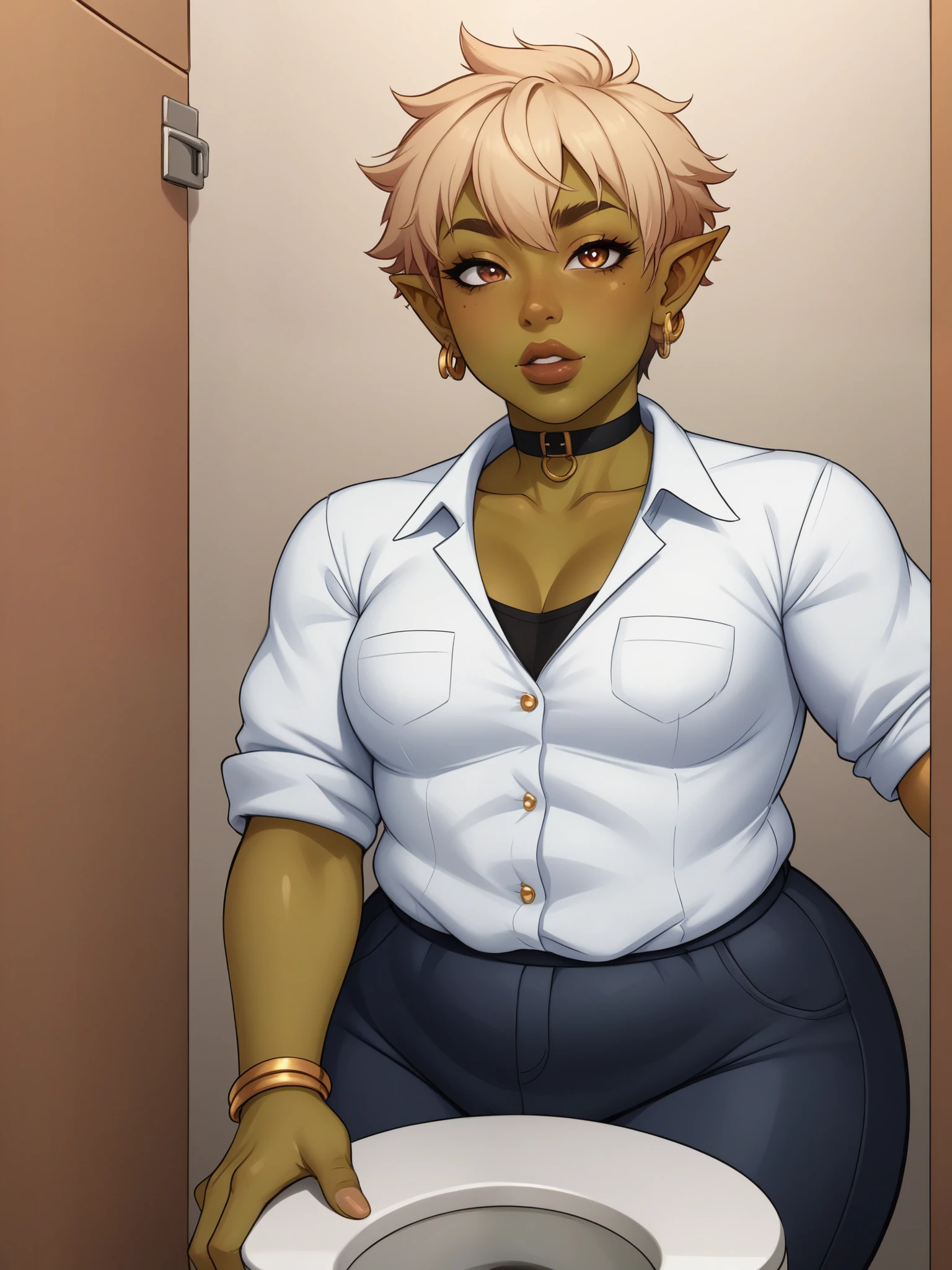 Orc Girl. random eye color. dark green skin. very short hairstyle. choker. random lips color. earrings. gold bracelets. small breasts. huge hips. bbw. school. the school toilet. toilet. canned beer. school suit
