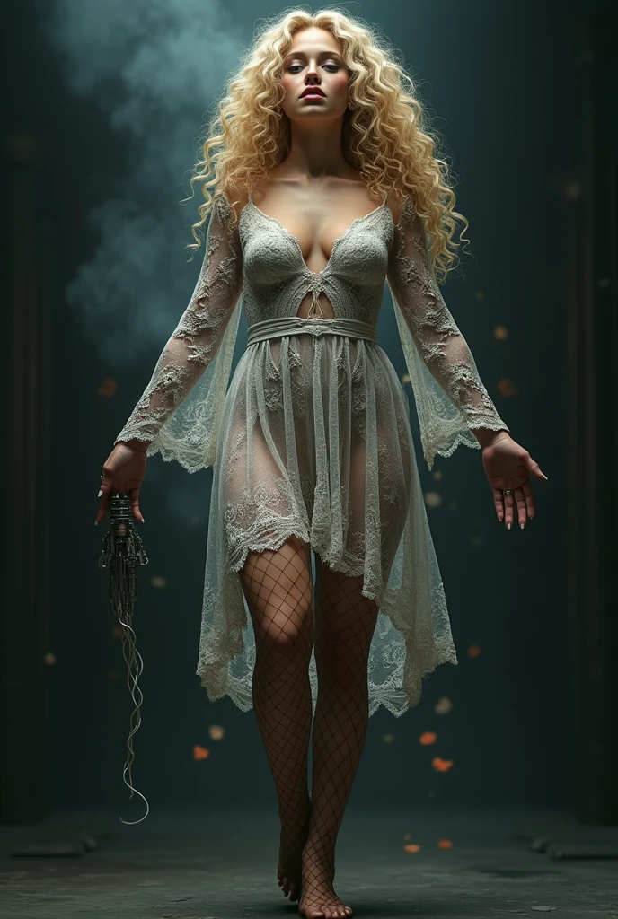 Beautiful woman in vey long translucent satin dress,dreamy background, kneel ,tied up, spider web, (cocoon:0.8)