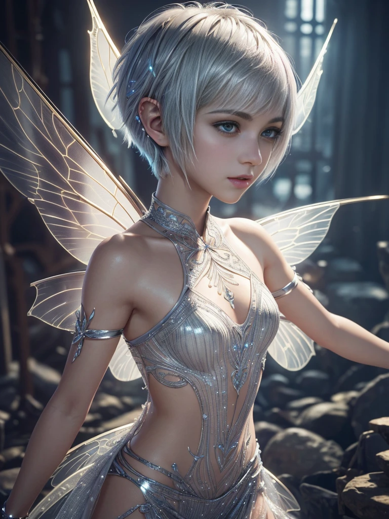 (Highly detailed CG Unity 8k wallpaper, masterpiece, Highest quality, Super detailed), (Best lighting, Best Shadow, Very delicate and beautiful), Cool, dynamic, Original girl character (dynamic pose) Silver (Pixie Cut Hair: 1.3) Reflects light beautifully.