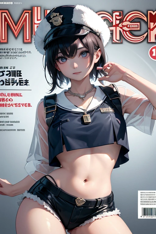 (masterpiece:1.2, best quality), (highly detailed:1.3), (magazine cover), 1girl, yo, pee, (white panties), (open shirt), sheer shirt, (holding a gun), serious, black yellow background,