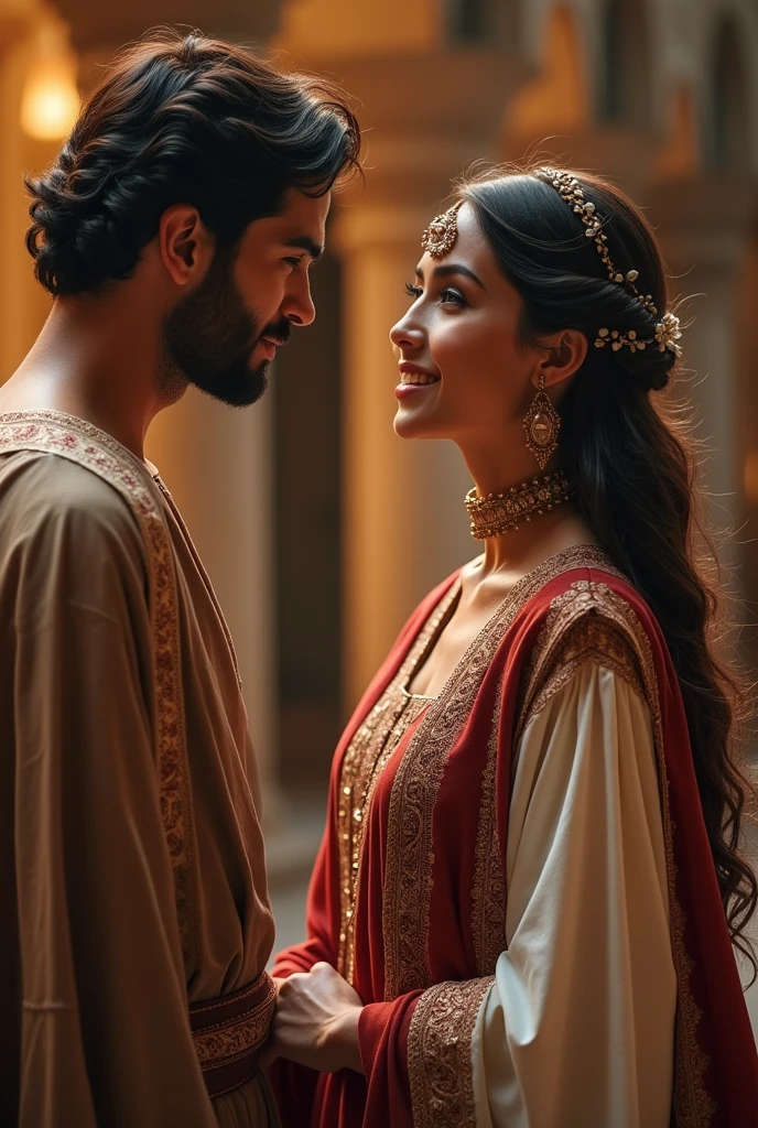 Create an image of an indian girl Saranya living in Valery Kogan's Caesara mansion. Saranya putting her hand on moulay hassan prince of morroco ...still a teenage boy...2 only...prince of morroco chest and look in his eyes. That is MOULAY HASSAN,CROWN PRINCE OF MORROCO