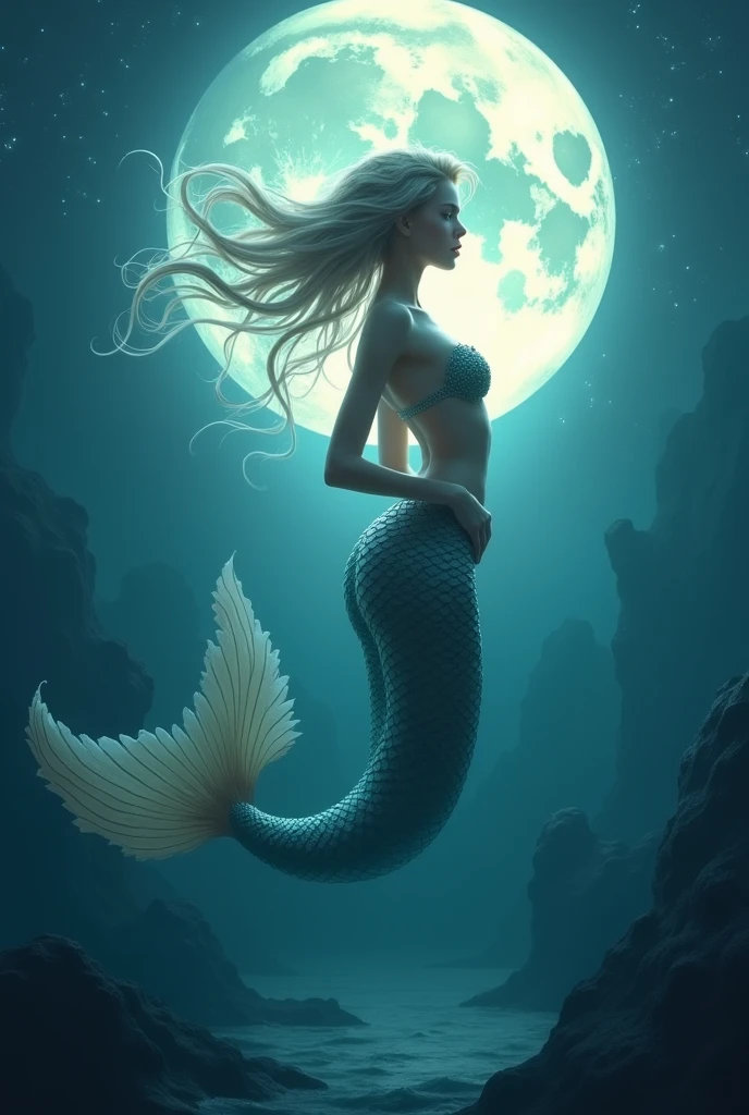 a mermaid with long blond hair in a sea, with her body full submerged in the water, just show her tail with colourful and glowing in the dark behind a starry sky with a moon in the center