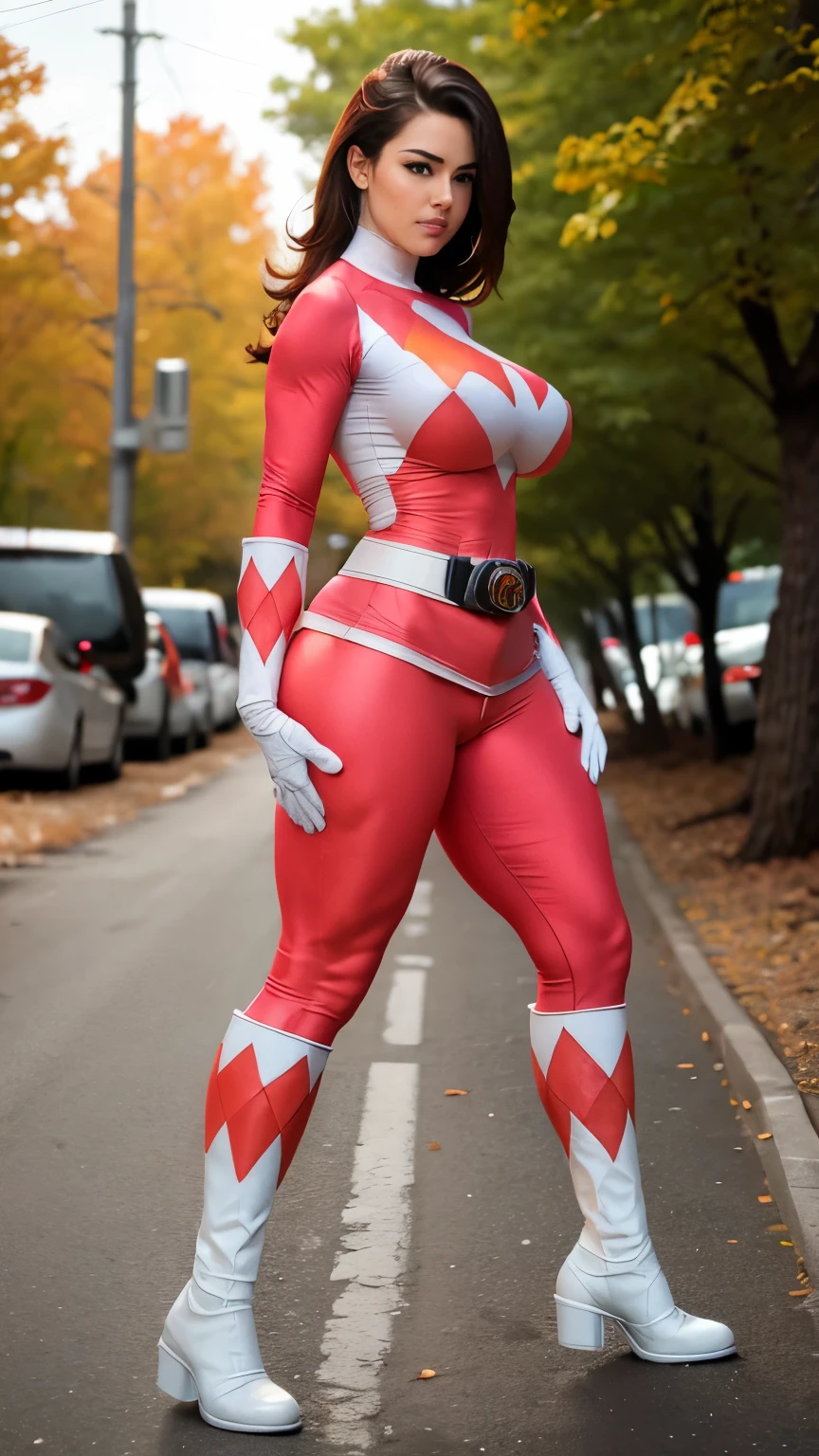 A sexy Power Ranger with big breasts, athletic body, big ass, thick thighs facing camera Yellow Scrunchbutt leggings Red and white superhero uniform High boot gloves on hands   