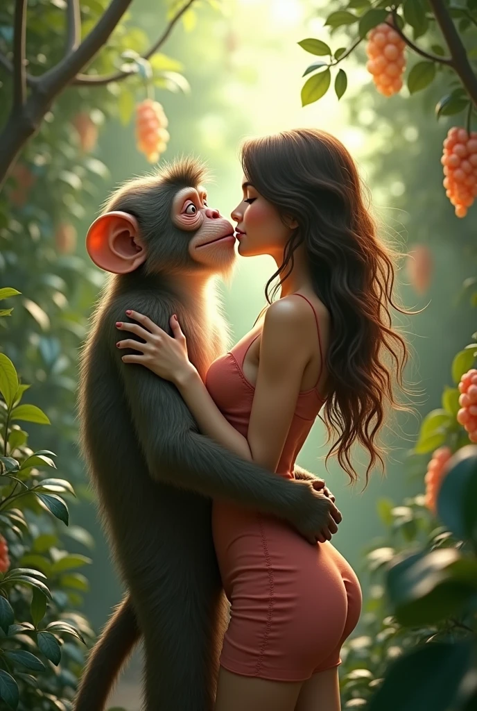 1woman and 1monkey having sex,Extremely detailed face,(masterpiece), best quality, expressive eyes, perfect face,a naked girl having sex with a monkey,Missionary position,side view,vaginal sex,facing each other,kissing,monkey,