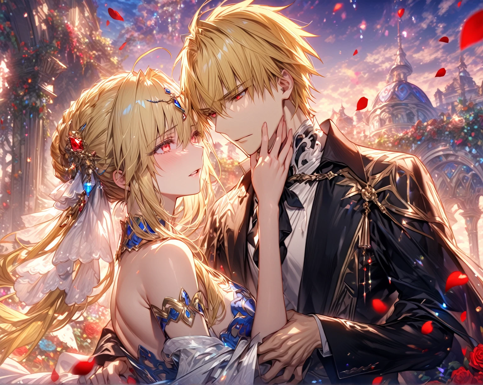 absurdres, highres, ultra detailed, HDR, master piece, Gilgamesh, blonde hair, expressive red eyes, black clothes, Artoria Pendragon, blonde hair, expressive turquoise eyes, white clothes, man together with a beautiful woman, couple, in love, best quality, Fate Grand Order, solo, fantasy, magical, sensual, glittering, accessories, handsome, adult face, garden, blue sky, red roses, red petals