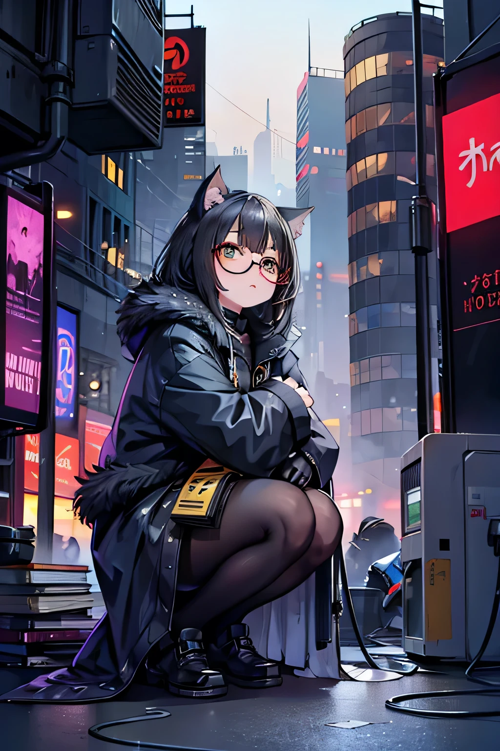 One cat　animal　Plump　Golden Eyes　Wears black-rimmed glasses　A defiant look　Full body view　Leaning against the wall　Grey and black fur　Golden Eyes　The background is a cyberpunk cityscape