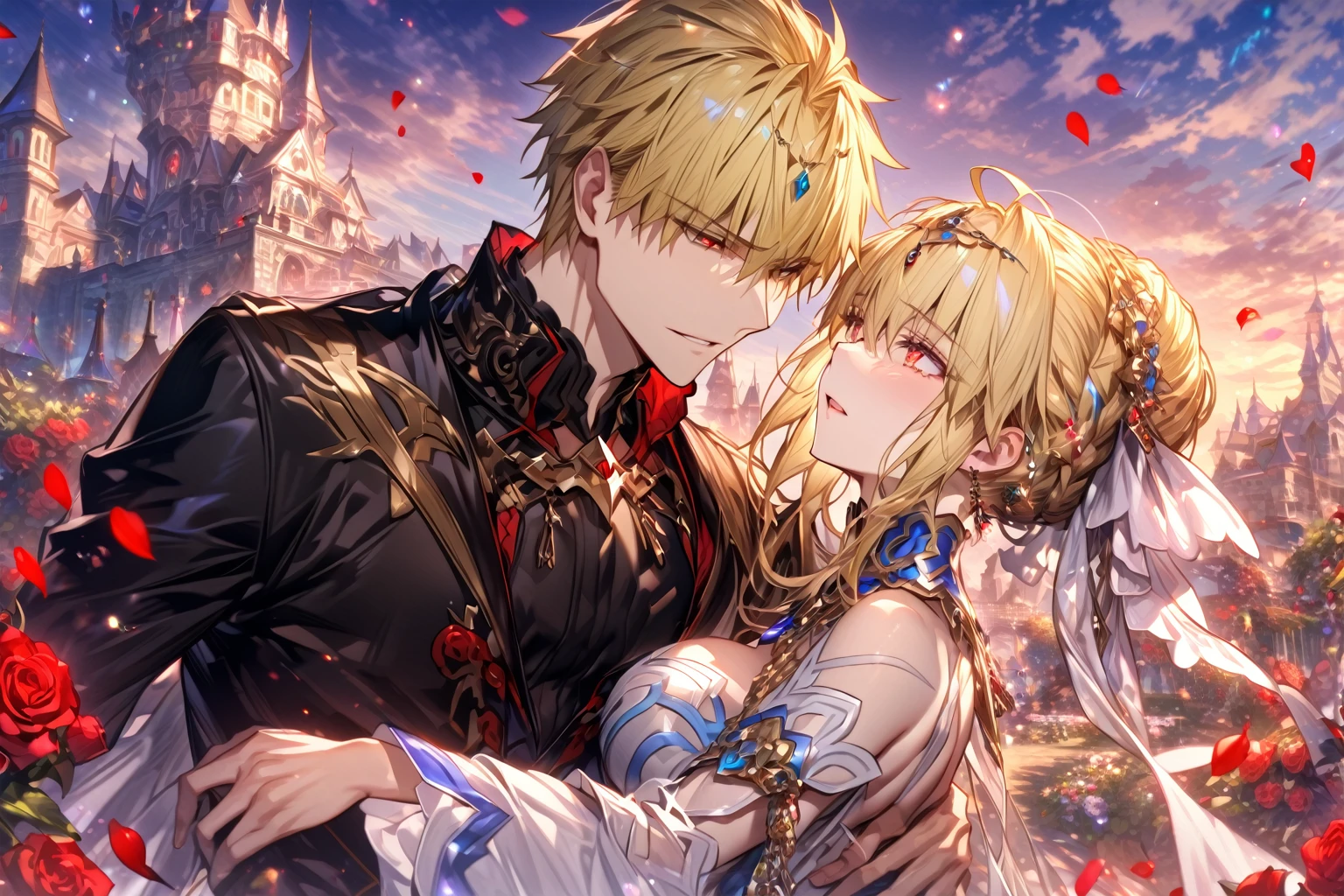 absurdres, highres, ultra detailed, HDR, master piece, Gilgamesh, blonde hair, expressive red eyes, black clothes, Artoria Pendragon, blonde hair, expressive turquoise eyes, white clothes, man together with a beautiful woman, couple, in love, best quality, Fate Grand Order, fantasy, magical, sensual, glittering, accessories, handsome, adult face, garden, blue sky, red roses, red petals, castle