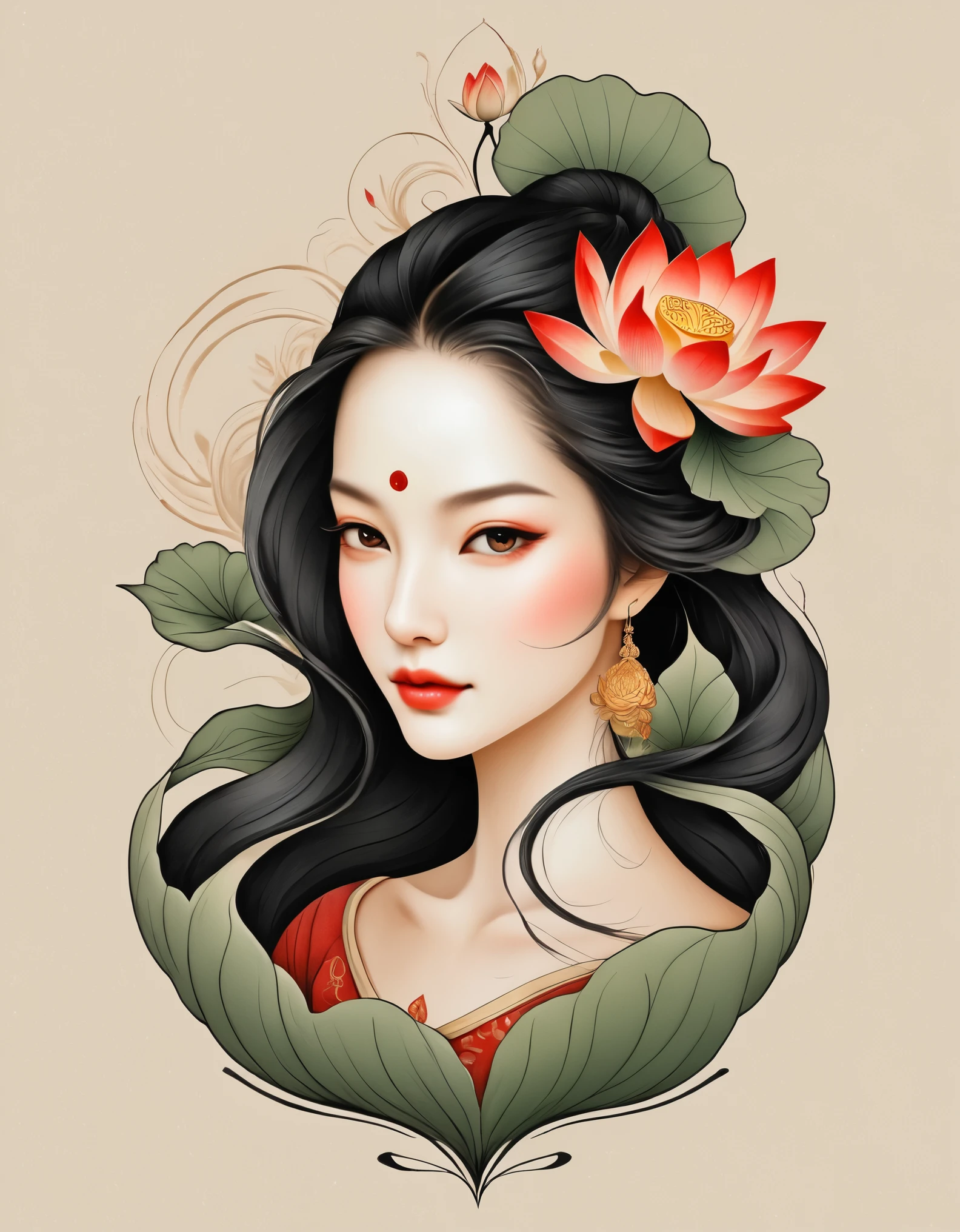 Modern minimalist art，（Close up of a woman with a lotus tattoo on her neck）,This woman has a delicate and charming face，long black hair，（Transparent lotus tattoo on neck：1.3），Flowing Hair Vignette，Beautiful face，red fox, delgado, beautiful eyes， elegant digital art, beautiful digital illustrations, beautiful figure painting, 