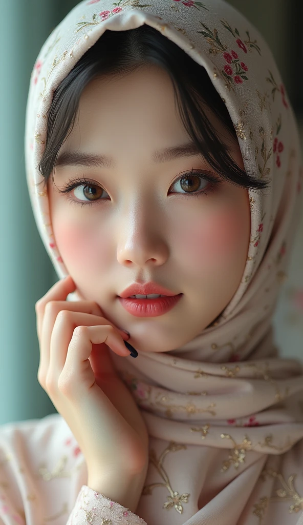 Korean girl, beautiful girl in hijab, 1 girl, perfect face, expressive eyes, makeup, eyeshadow, eyeliner, luxurious hijab, patterned hijab, hijab decoration, brooch, shiny lips,