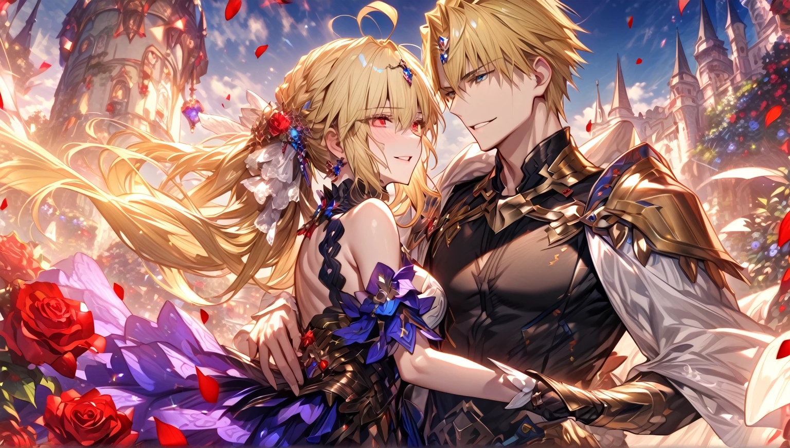 absurdres, highres, ultra detailed, HDR, master piece, Gilgamesh, blonde hair, expressive red eyes, black clothes, Artoria Pendragon, blonde hair, expressive turquoise eyes, white clothes, man together with a beautiful woman, couple, in love, best quality, Fate Grand Order, fantasy, magical, sensual, glittering, accessories, handsome, adult face, garden, blue sky, red roses, red petals, castle, smiling 