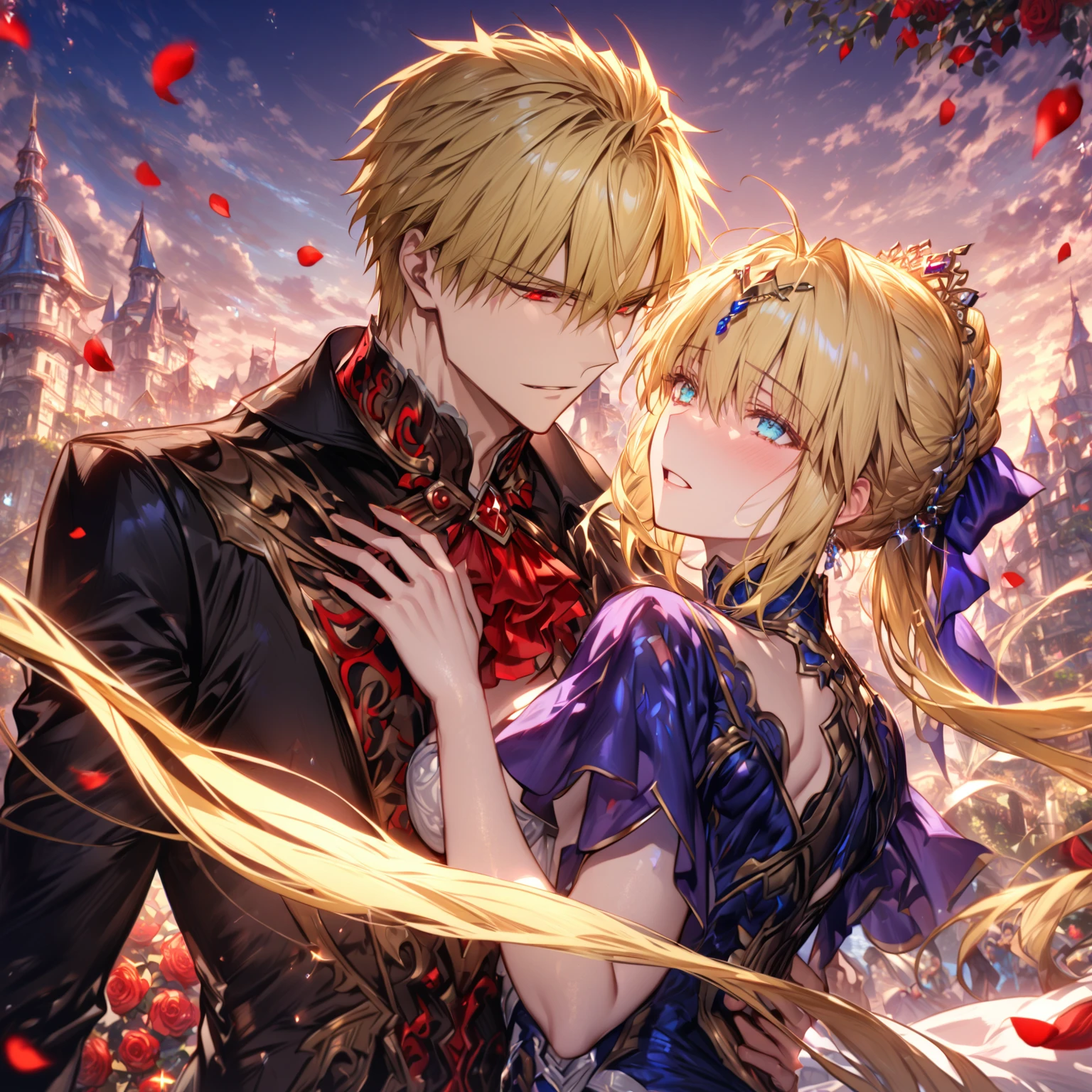 absurdres, highres, ultra detailed, HDR, master piece, Gilgamesh, blonde hair, expressive red eyes, black clothes, Artoria Pendragon, blonde hair, expressive turquoise eyes, white clothes, man together with a beautiful woman, couple, in love, best quality, Fate Grand Order, fantasy, magical, sensual, glittering, accessories, handsome, adult face, garden, blue sky, red roses, red petals, castle