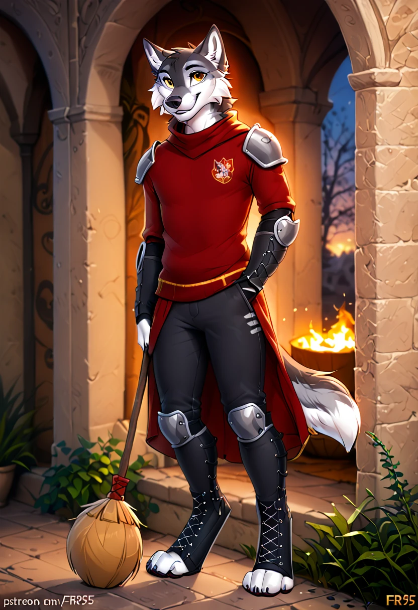 in the style of f-r95, in the style of zaush, in the style of binxxy, solo, (anthro), male, wolf, grey fur, white belly, white chest, digitigrade legs, gold eyes, evening lighting, standing, posing for a picture, smiling at viewer, hogsks, gryffindor quidditch uniform, elbow protections, armor, riding pants, red robe, holding broomstick, laced up robe, grey sweater