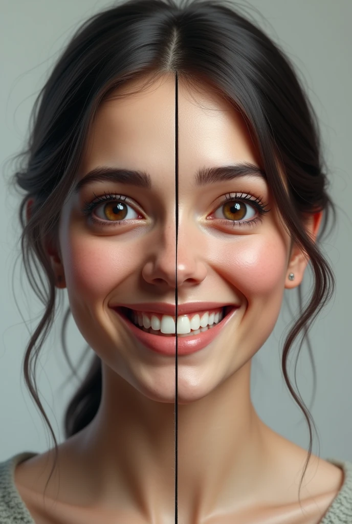 Generate a human face, where one part of the face has a smile and is ...