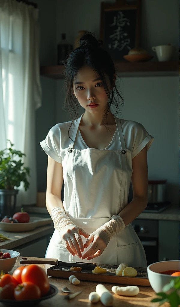 (((best quality))),(((ultra detailed))),(((masterpiece))),illustration, 1girl,female butcher,solo,(short ponytail:1.2),((sweat,shiny skin)),((slim,thin,small breasts,flat chest)),((bare shoulder,bare arms)),(apron splattered with bloodstains:1.3),((gloves)), plainradiant face, hint of smile,standing,arms behind back,gentle and innocent nature,spacious warehouse, (shelves was full filled with chopped fresh meat:1.5),Calm and composure, sense of warmth and humanity, natural lighting, sunlight, silhouette, delicate frame, graceful posture, unique and intriguing moment, resilience and adaptability of the human spirit,indoor,((upper body,from front))