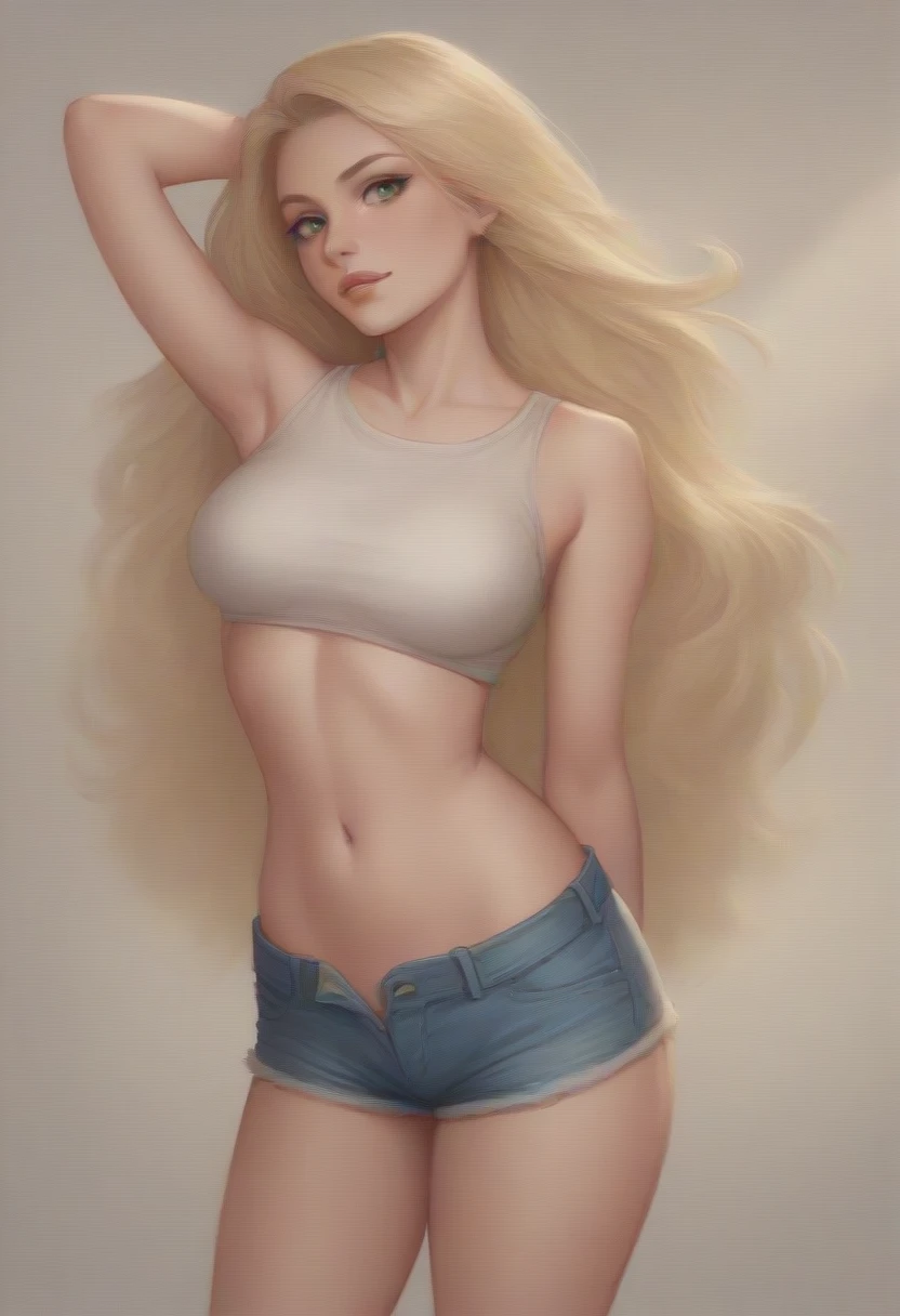 (finely detailed beautiful eyes and detailed face,masterpiece sidelighting,masterpiece,best quality,detailed,high resolution illustration), (topless girl,whole body,lustrous skin,looking down,looking at viewer),, (gold hair,blue eyes,ribbon, jeans), (clothed_underbust:1.2),underboob