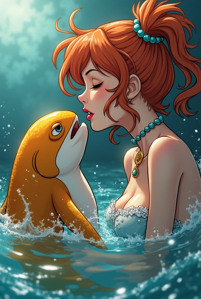 Nude 10 year old girl with orange hair and green eyes having forced sexual intercourse with a dolphin in the ocean, nsfw, cum