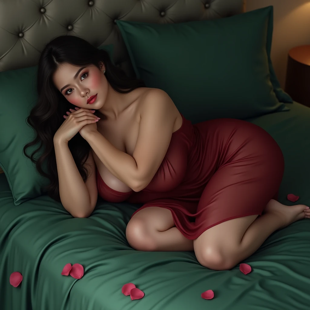 (masterpiece), (extremely intricate:1.3), (realistic), beautiful mature woman with short black hair, her face is full of makeup, her lips are red and shiny, her breasts are big and round, wearing a silk nightgown, lying down her back in bed, (eyes closed and enjoying)