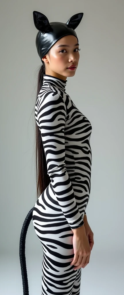 the beautiful,slender thin and prettiest Asian and Malaysian muslimah adult girl with beautiful cheeks wears white tiger print lycra turtleneck unitard catsuit covered with seamless spots and always wear white tiger print lycra elastane stretchy dance wear hijab covered with seamless spots.She has beautiful lips