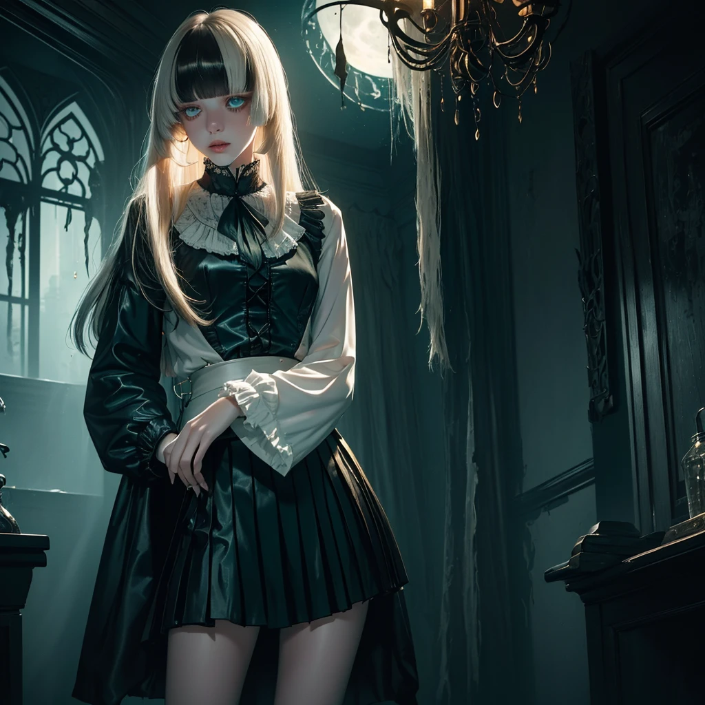 1girl, ((Caucasian)), white girl, , small slender body, ((damaged blouse, damaged skirt)), long brown hair, bangs, ((fringe with textured bangs)), full lips, full moon, haunting atmosphere, ((haunted house)), ((erotic)), white color scheme with teal and gold accents, ((high contrast)), ((rim lighting))
