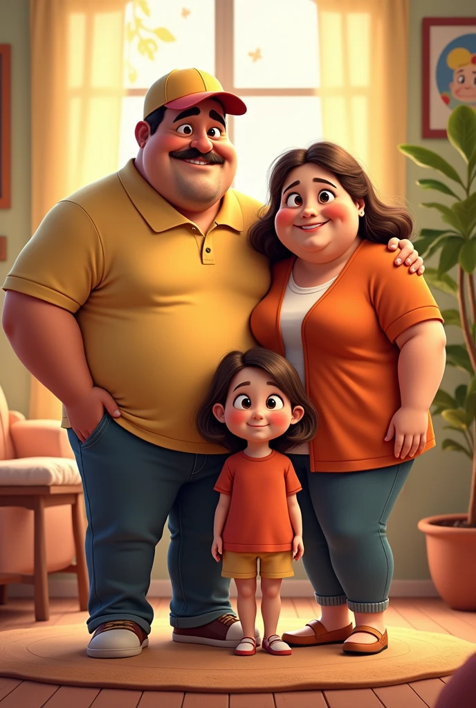 pixar style image of family; big man without a belly,con y White shoes, short brown hair,30 year old woman white skin long brown hair, with jins and blouse, White shoes , girl with long brown hair,jins y White shoes, niño 3 años pelo corto con jins y White shoes, all together
